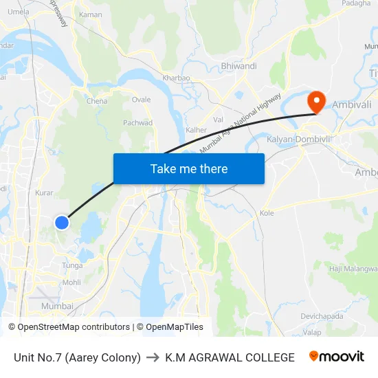 Unit No.7 (Aarey Colony) to K.M AGRAWAL COLLEGE map