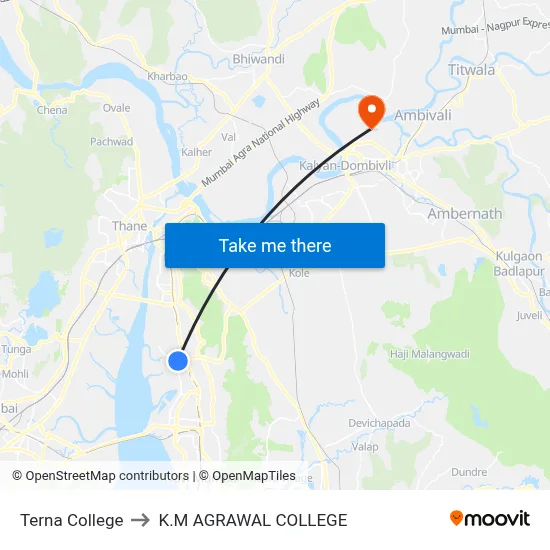 Terna College to K.M AGRAWAL COLLEGE map