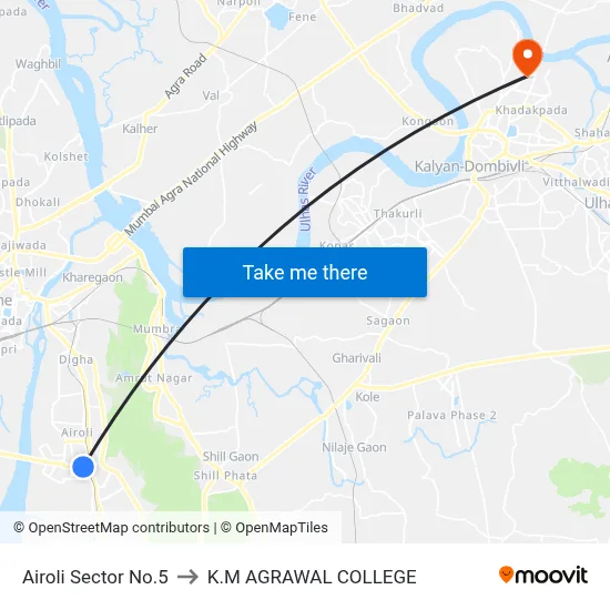 Airoli Sector No.5 to K.M AGRAWAL COLLEGE map