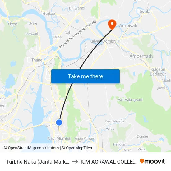 Turbhe Naka (Janta Market) to K.M AGRAWAL COLLEGE map