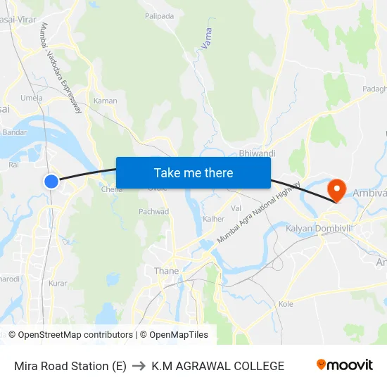 Mira Road Station (E) to K.M AGRAWAL COLLEGE map