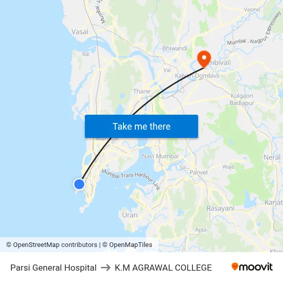 Parsi General Hospital to K.M AGRAWAL COLLEGE map