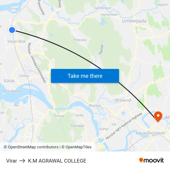 Virar to K.M AGRAWAL COLLEGE map