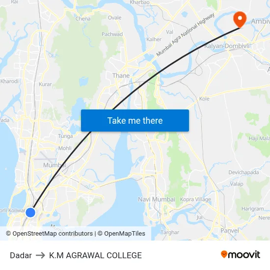 Dadar to K.M AGRAWAL COLLEGE map