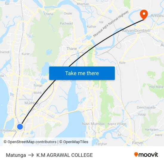 Matunga to K.M AGRAWAL COLLEGE map