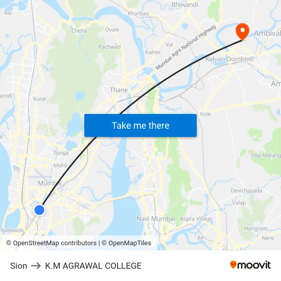 Sion to K.M AGRAWAL COLLEGE map