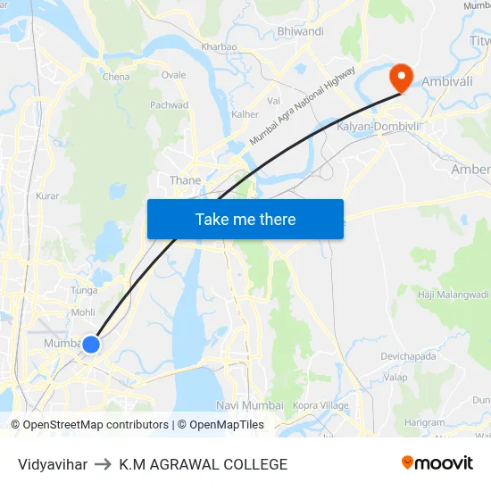 Vidyavihar to K.M AGRAWAL COLLEGE map