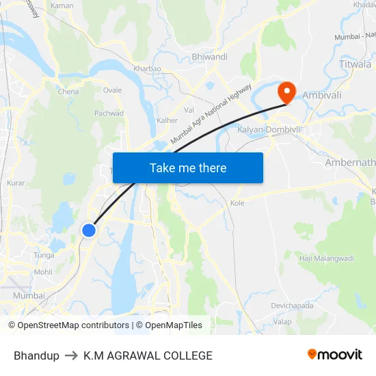 Bhandup to K.M AGRAWAL COLLEGE map