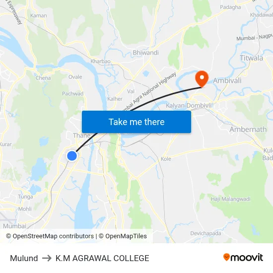 Mulund to K.M AGRAWAL COLLEGE map