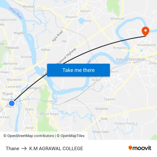 Thane to K.M AGRAWAL COLLEGE map