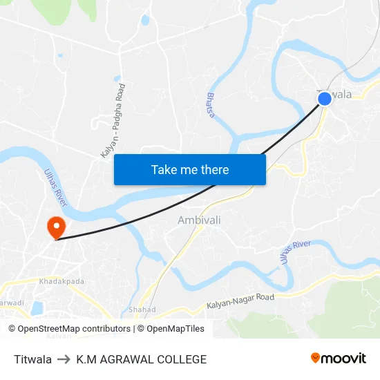 Titwala to K.M AGRAWAL COLLEGE map