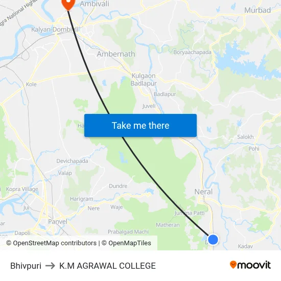 Bhivpuri to K.M AGRAWAL COLLEGE map