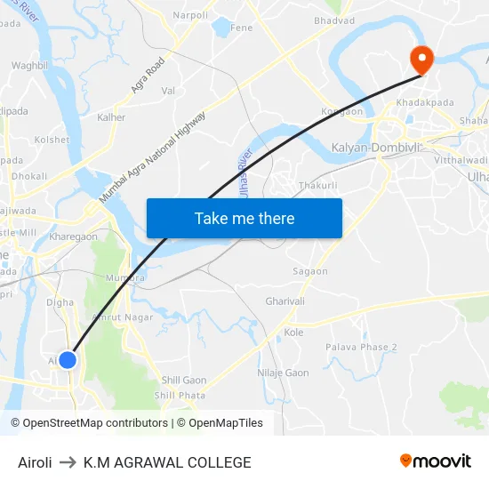 Airoli to K.M AGRAWAL COLLEGE map