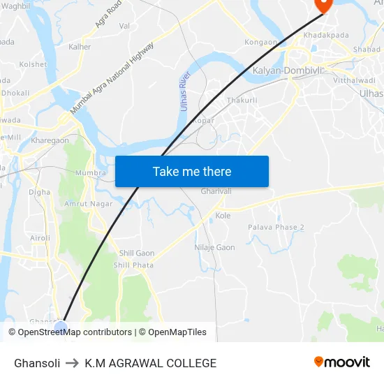 Ghansoli to K.M AGRAWAL COLLEGE map