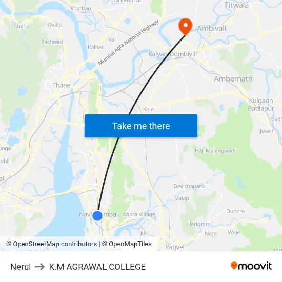 Nerul to K.M AGRAWAL COLLEGE map