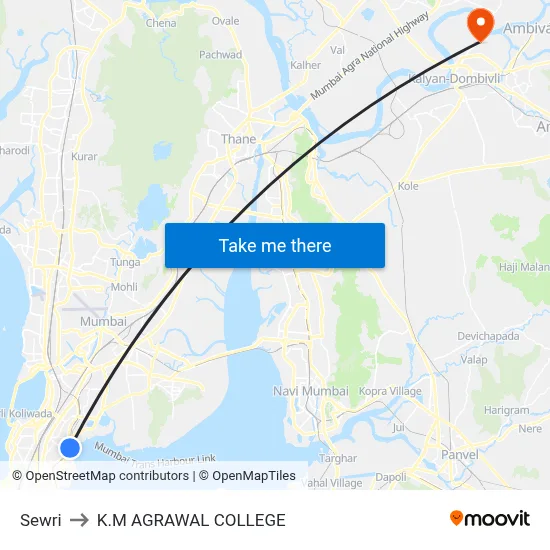 Sewri to K.M AGRAWAL COLLEGE map