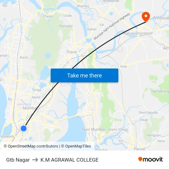 Gtb Nagar to K.M AGRAWAL COLLEGE map
