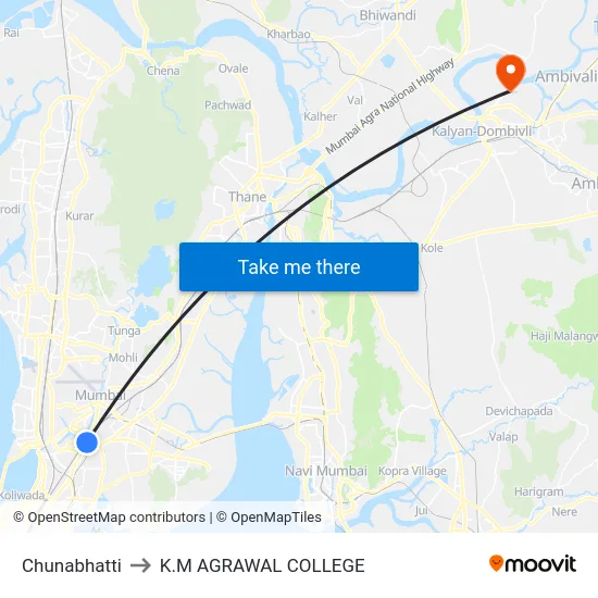 Chunabhatti to K.M AGRAWAL COLLEGE map