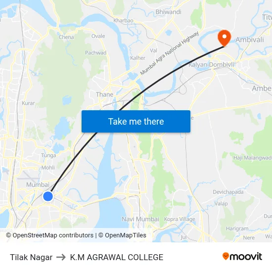 Tilak Nagar to K.M AGRAWAL COLLEGE map