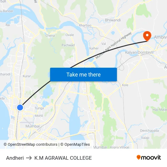 Andheri to K.M AGRAWAL COLLEGE map