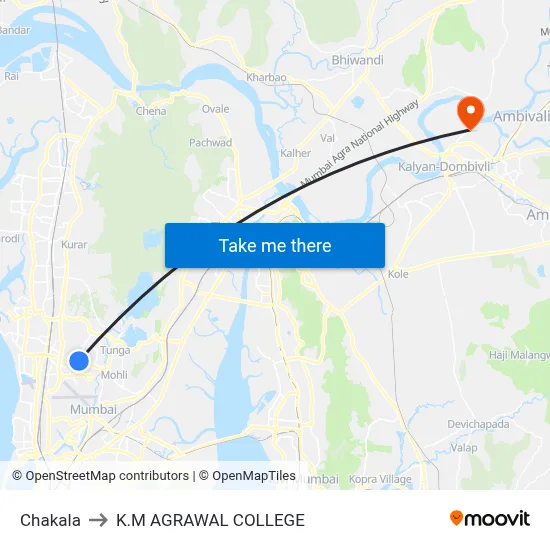 Chakala to K.M AGRAWAL COLLEGE map