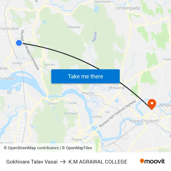 Gokhivare Talav Vasai to K.M AGRAWAL COLLEGE map