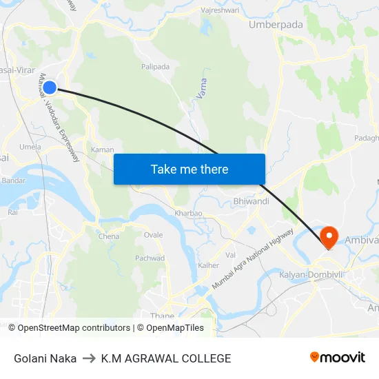 Golani Naka to K.M AGRAWAL COLLEGE map