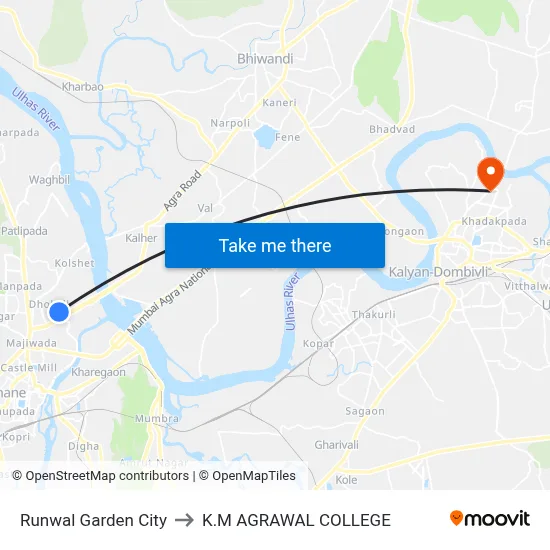 Runwal Garden City to K.M AGRAWAL COLLEGE map