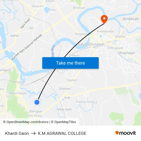 Khardi Gaon to K.M AGRAWAL COLLEGE map