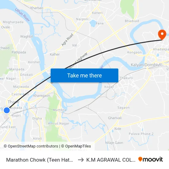 Marathon Chowk (Teen Hath Naka) to K.M AGRAWAL COLLEGE map