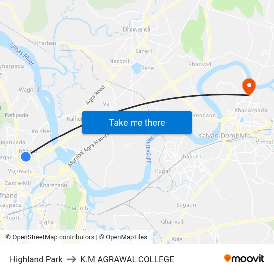 Highland Park to K.M AGRAWAL COLLEGE map