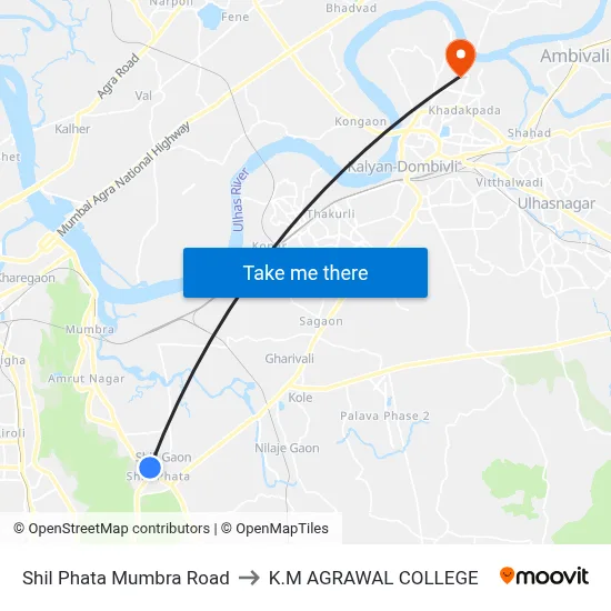Shil Phata Mumbra Road to K.M AGRAWAL COLLEGE map