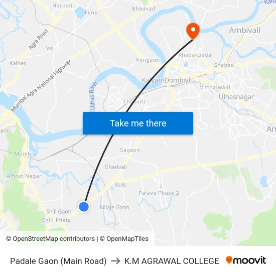 Padale Gaon (Main Road) to K.M AGRAWAL COLLEGE map