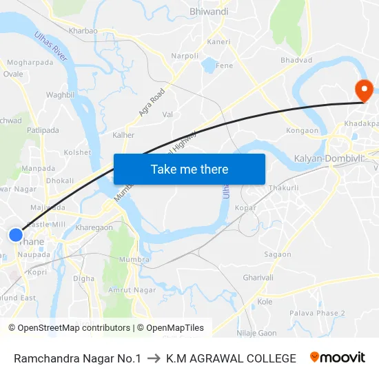 Ramchandra Nagar No.1 to K.M AGRAWAL COLLEGE map
