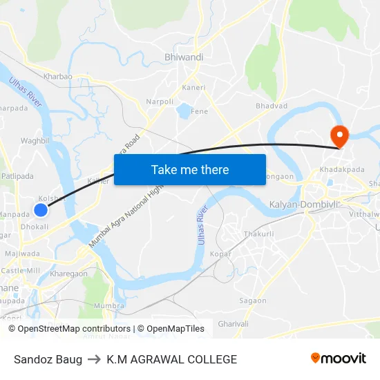 Sandoz Baug to K.M AGRAWAL COLLEGE map