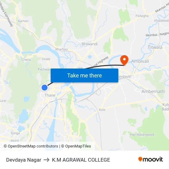 Devdaya Nagar to K.M AGRAWAL COLLEGE map