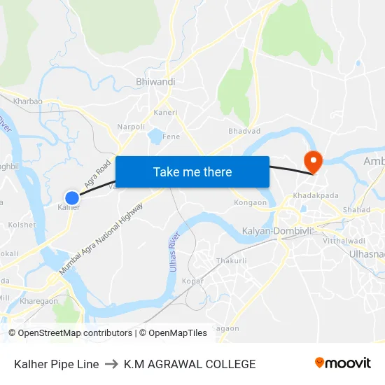 Kalher Pipe Line to K.M AGRAWAL COLLEGE map