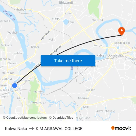 Kalwa Naka to K.M AGRAWAL COLLEGE map