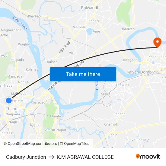 Cadbury Junction to K.M AGRAWAL COLLEGE map