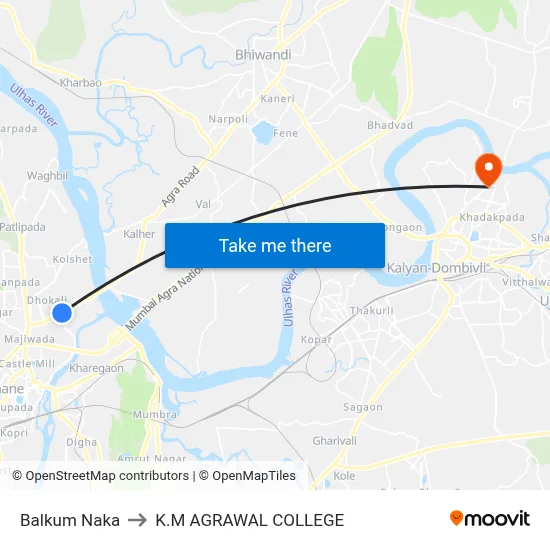 Balkum Naka to K.M AGRAWAL COLLEGE map
