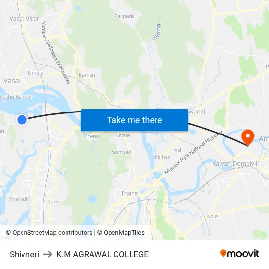 Shivneri to K.M AGRAWAL COLLEGE map