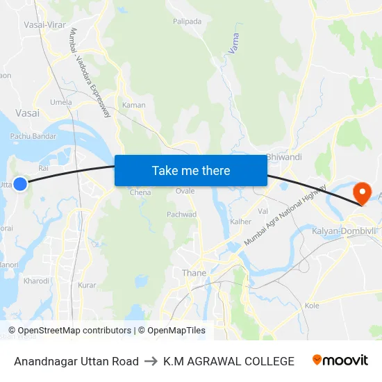 Anandnagar Uttan Road to K.M AGRAWAL COLLEGE map