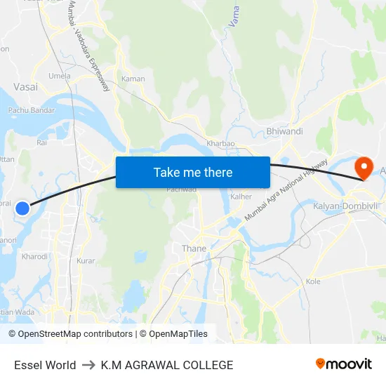 Essel World to K.M AGRAWAL COLLEGE map