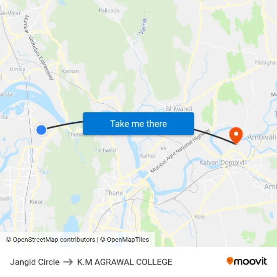 Jangid Circle to K.M AGRAWAL COLLEGE map