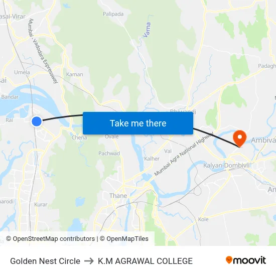 Golden Nest Circle to K.M AGRAWAL COLLEGE map