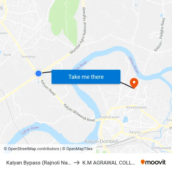 Kalyan Bypass (Rajnoli Naka) to K.M AGRAWAL COLLEGE map