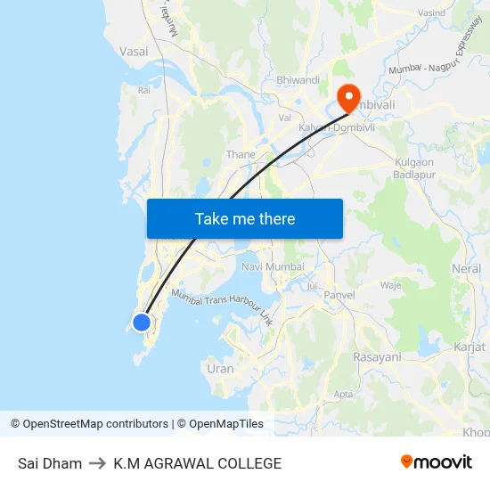 Sai Dham to K.M AGRAWAL COLLEGE map
