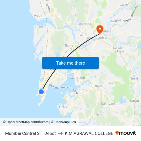Mumbai Central S.T Depot to K.M AGRAWAL COLLEGE map