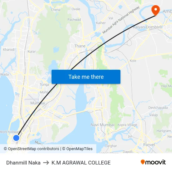 Dhanmill Naka to K.M AGRAWAL COLLEGE map