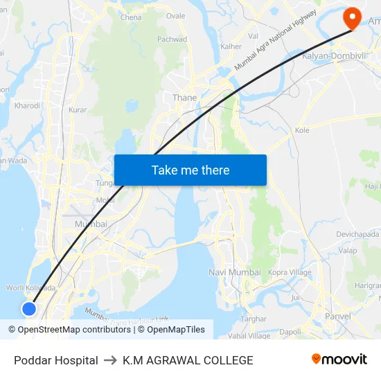 Poddar Hospital to K.M AGRAWAL COLLEGE map